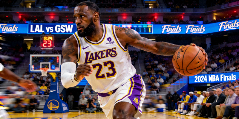 NBA篮球比赛直播画面，勒布朗·詹姆斯持球突破