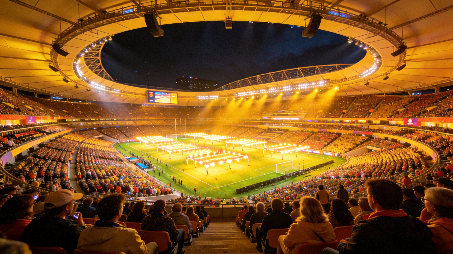 意昂体育主场馆全景，观众席座无虚席，球场灯光璀璨