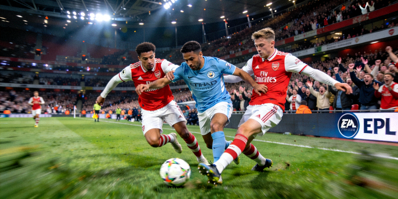 英超足球比赛直播画面，曼城与阿森纳激烈拼抢